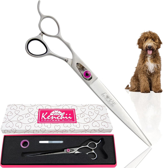 Kenchii Love Left Handed Dog Grooming Scissors, 8 Inch Straight Shears, Dog Scissors for Grooming, Professional Pet Grooming Scissors, Ergonomic & Comfortable