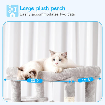 Hey-brother Cat Tree, 69.3-Inches Multi-Level Plush Cat Tower for Indoor Cats with Large Top Perch, Extra Spacious Hammock, 2 Hammocks Ramp, Hanging Ball, Light Gray MPJ037W