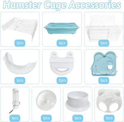 PINVNBY Dwarf Hamster Cage, Small Animal Cages, 2-Tier Travel Portable Mouse Cage Hamster Carrier with Castle House Running Exercise Wheels, Water Bottle and Food Dis（Blue）