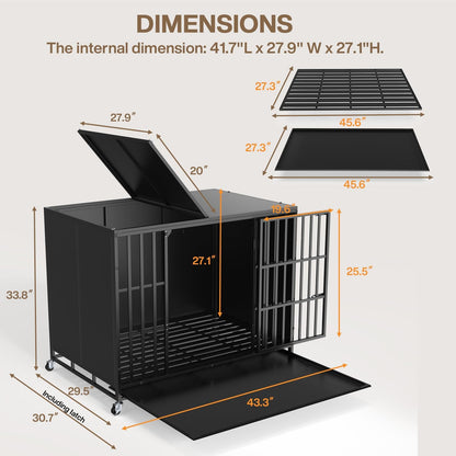LEMBERI 48/42 inch Heavy Duty Indestructible Dog Crate, High Anxiety Extra Large Dog Cage for Large Dogs, XL Steel Escape Proof Dog Kennel with Wheels and Removable Tray