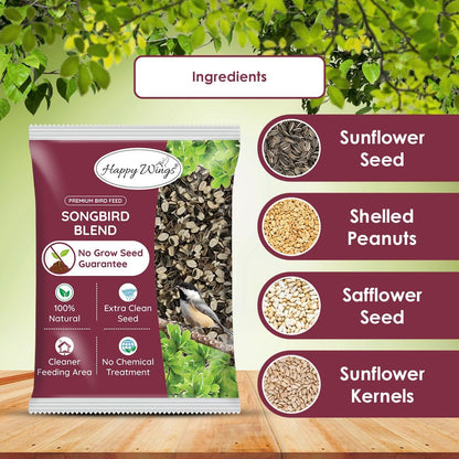 Songbird Blend Bird Food, Mix of Sunflower Seeds/Kernels, Safflower Seeds and Peanuts, 5 Pounds | No Grow Seed | Bird Seed for Wild Birds