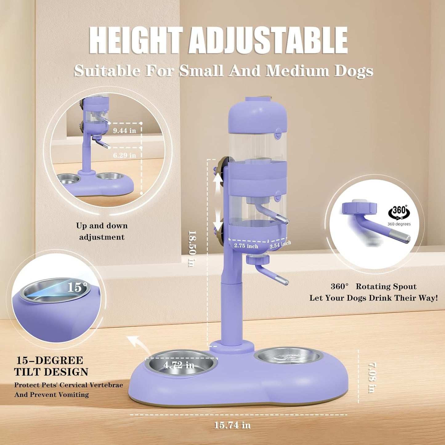 Dog Bowls with Puppy Weaning Bottles,3 in 1 Bowl Set with Water Dispenser and 2 Food Grade Stainless Steel Dog Bowls,15°Tilted Cat Food and Water Bowl Set for Cats,Bunnies,Ferrets