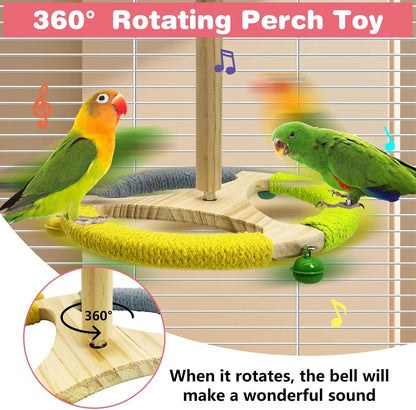 PINVNBY Hanging Bird Stand Perch Toy Wooden Spinning Parrot Perch with Cotton Rope and Bell Interactive Cockatiel Toy Bird Cage Accessories for Parakeets Conures Budgies Finches Lovebirds