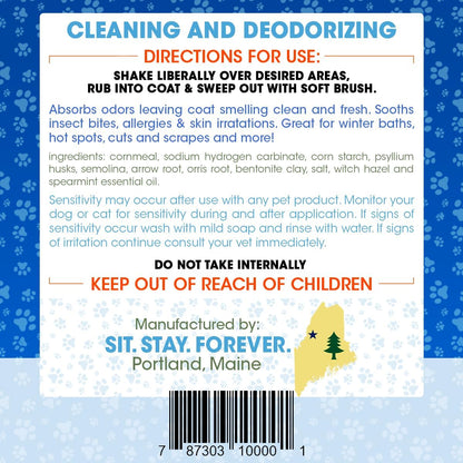 Sit. Stay. Forever. Dry Shampoo for Dogs & Cats – Organic Dry Bath Powder, Talco para Perros, Hypoallergenic, Odor Control for Smelly Dogs, No-Rinse, Anti-Itch, Safe & Natural, Made in The USA, 7 oz