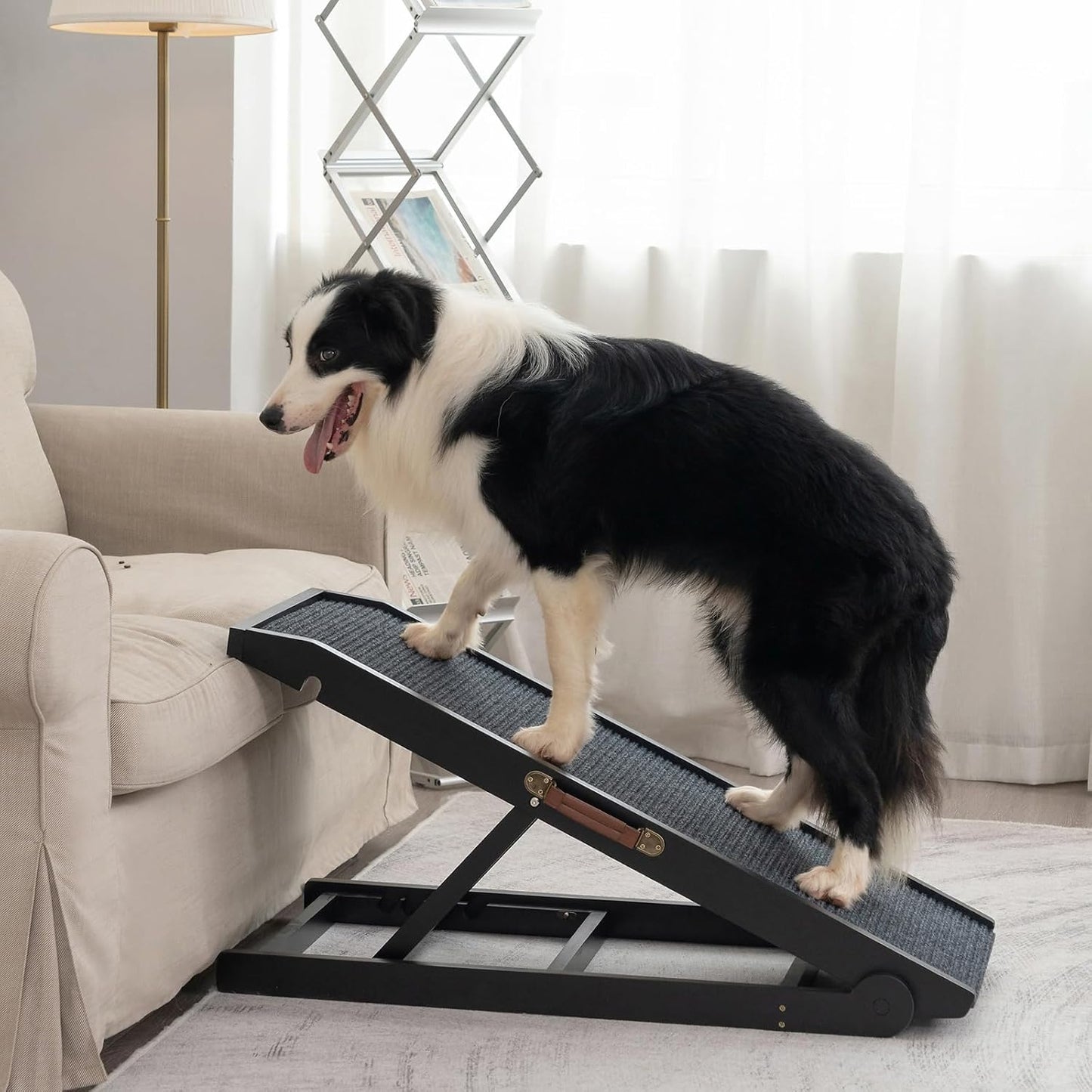 Dog Ramp for Bed Couch - Pet Steps Stairs to Get on Bed Couch 11.8"-19.6" High for Small or Large Dog Up to 200 lbs, Adjustable Wooden Dog Ramp Steps Foldable Portable, Anti-Slip Carpet (Black)