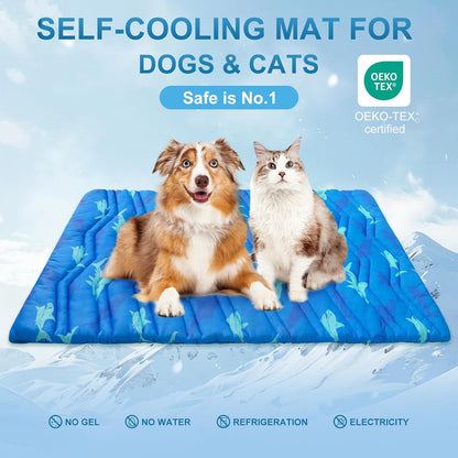 BEAUTYZOO Dog Cooling Mat- Upgraded Thicken Cooling Mat for Large Dogs Reversible(Cool & Warm) Pet Ice Cool Bed Washable & Portable, Summer Crate Pad for Big Dog Puppy Up to 80 lbs, Shark Blue 48X28IN