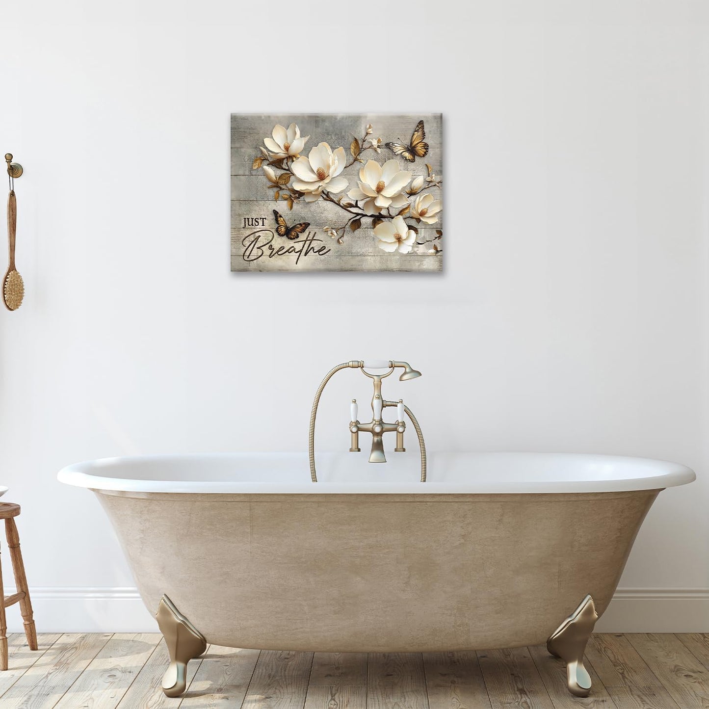 Floral Magnolia Bathroom Pictures Wall Art, Just Breathe Bathroom Wall Decor, Flower Butterfly Framed Painting Canvas Artwork for Bedroom Living Room Decorations 16"L x 12"W