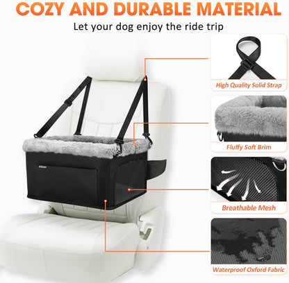 JOEJOY Deluxe Dog Booster Seat with Sturdy Metal Frame and Safety Leash for Small Pets up to 20 lbs - Portable Puppy Dog Car Seat with Thick Cushion and Storage Pockets for Small Dogs, Black