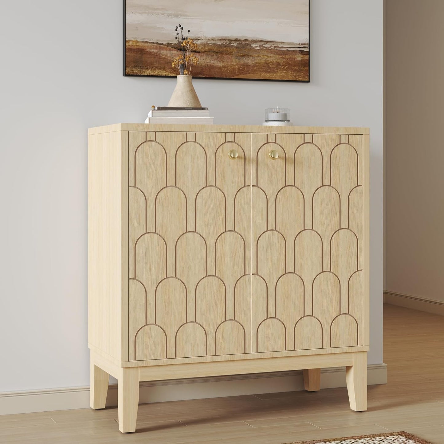 Farmhouse Storage Cabinet, Modern Buffet Sideboard with Doors, Fish Scale Pattern, Boho Cabinet for Dining Room, Natural, 2 Pieces