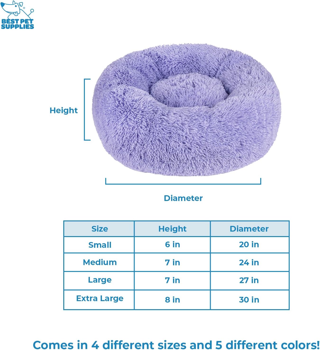Best Pet Supplies Round Donut Dog Bed with Plush Faux Fur Fabric, Calming, Anti-Anxiety Cushion for Indoor Pets, Slip-Resistant Base, Soft Ergonomic Support - Lavender, 30x30x8''