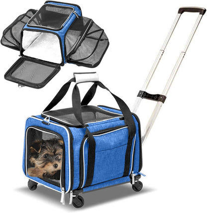 Airline Approved Expandable Premium Pet Carrier on Wheels- Two Sided Expandable Rolling Carrier- Designed for Dogs & Cats- Extra Spacious Soft Lined Carrier! (Blue)
