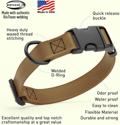 Dogline Biothane Waterproof Dog Collar with Quick Release Buckle Strong Coated Nylon Webbing with Odor- Proof for Easy Care Easy to Clean Fits Small Medium Large Dogs, Coyote Brown 3/4" W 12-19" L