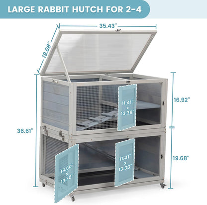 2-Story Wooden Rabbit Hutch for Outdoor & Indoor, Bunny Cage Rabbit House with Wheels, Trays, Ramp, Pet Home for Guinea Pigs, Chickens, Chicken Coop, Gray with Colorful Patterns