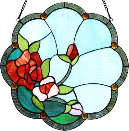 Bieye W10058 Rose Flower Tiffany Style Stained Glass Window Panel with Chain, 16-inch Wide