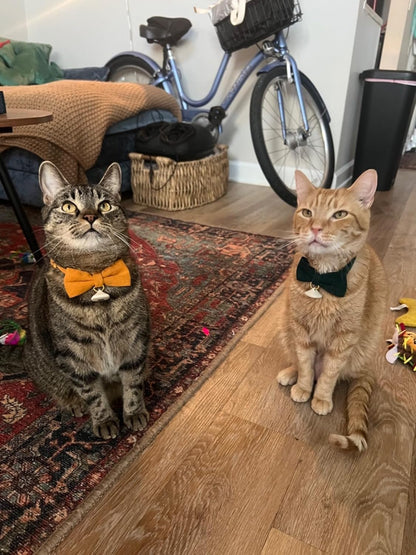 2 Pack Soft Corduroy Cat Collars with Bow Tie & Bell, Adjustable Breakaway Cotton Kitty Bowtie Collar for Girl Boy Kitten (Orange & Green)