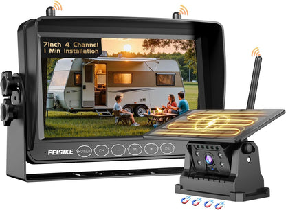 Magnetic Solar Wireless Backup Camera for RV Truck Trailer ??7" 1080P Monitor with Recording, 1-Min Install, No Delay, Wide View, IR Night Vision, 4 Channels, Auto-Sleep Rechargeable Rearview Camera