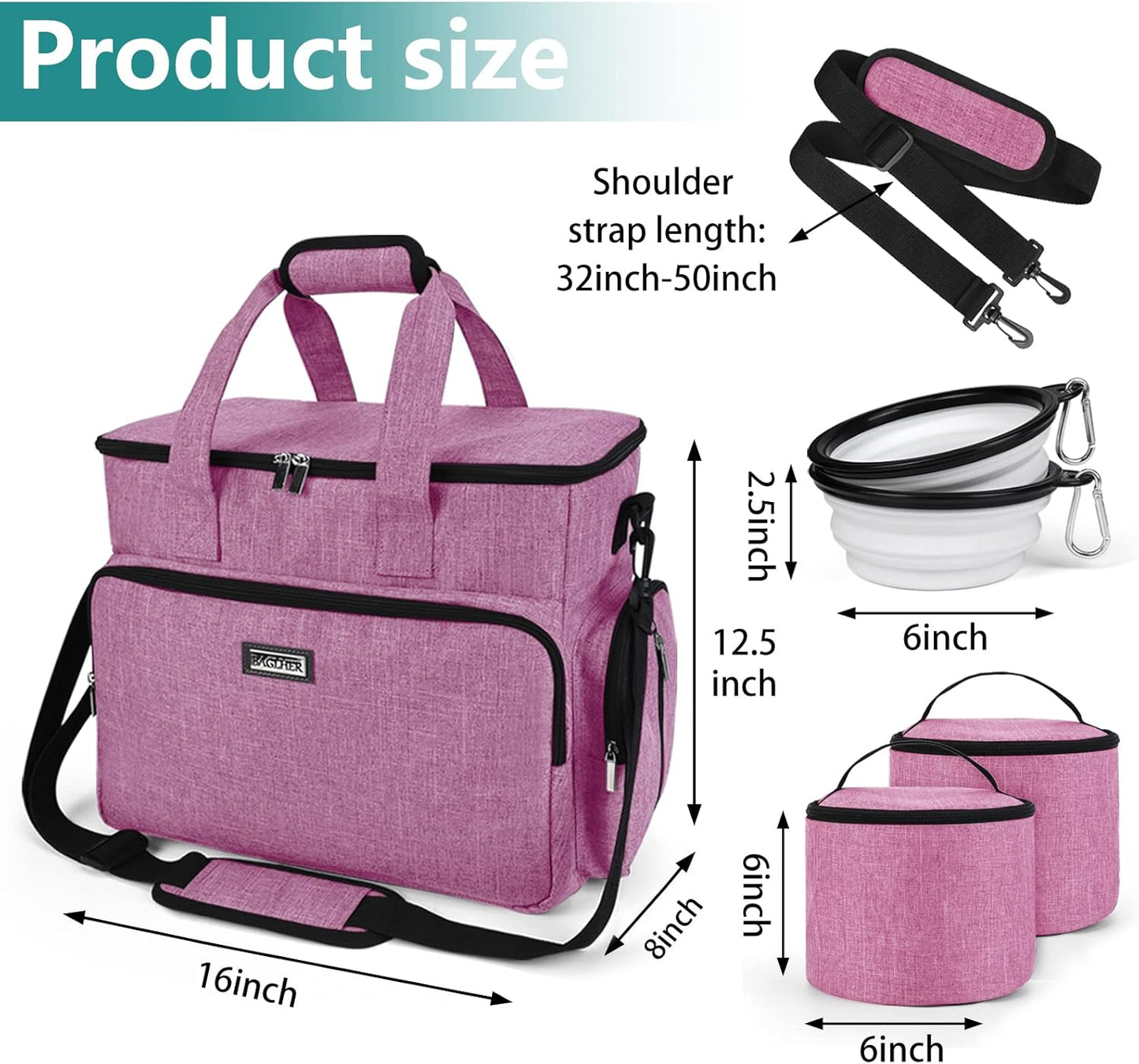 BAGLHER Dog Travel Bag, Pet Travel Bag (ALL Pet Travel Supplies), With 2 Pet Food Containers and 2 Collapsible Silicone Bowls; Essential Kits for Pet Travel Pink
