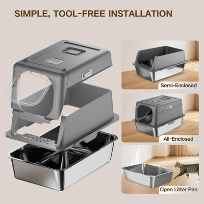 XX-Large Stainless Steel Cat Litter Box with Lid – Fully Enclosed Large Litter Box for Big Cats, Odor Control with Magnetic Door, Easy Clean, Multi-Cat Durable Metal Pan (Natural Color)