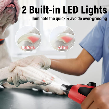 Casfuy Smart 6-Speed Dog Nail Grinder - 50% More Power Pet Nail Grinder with 2 LED Lights Quiet Rechargeable Electric Dog Nail Trimmers File Toenail Grinder for Large Medium Small Dogs & Cats (Red)