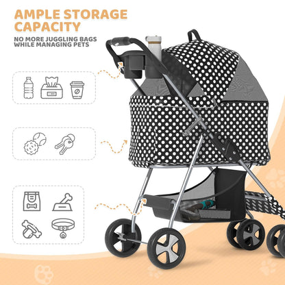 Magshion Foldable Pet Stroller, 3-in-1 Dog Travel Jogger with Detachable Carrier, Cup Holder, Storage Basket, Folding Carrier for Small/Medium Dogs & Cats Up to 33 lbs, Black Polka Dots
