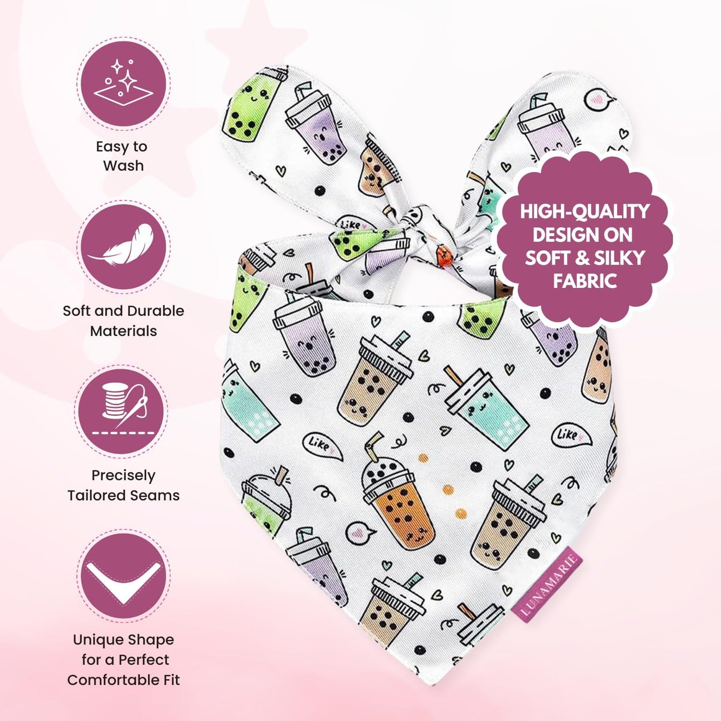 LunaMarie - Luxury Pet Birthday Bandanas -Premium & Silky Poly Fabric | 100% Handmade | Custom Shape Dual Layered (Boba, Medium)