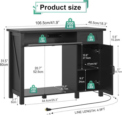 40 Gallon Aquarium Stand With Charging Station, Farmhouse Fish Tank Stand, Reptile Tank Stand Terrarium Stand with Drawer and Cabinet Storage, Sturdy Heavy Duty 41.9"×18.3" Tabletop - Black