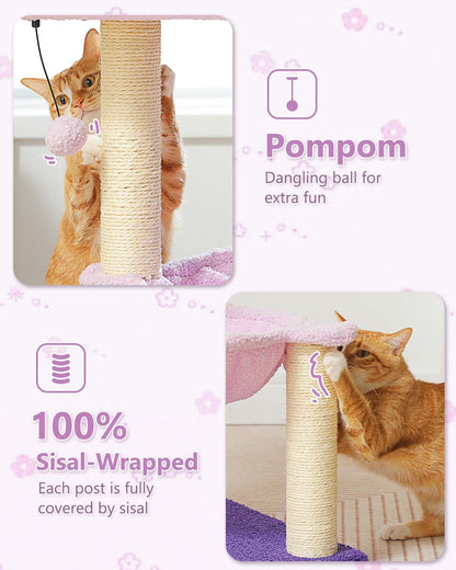Flower Cat Scratching Post, 28" Cute Cat Tree Tower for Indoor Cats with Large Hammock Soft Perch Bed, Replaceable Toy Ball for Kittens, Purple