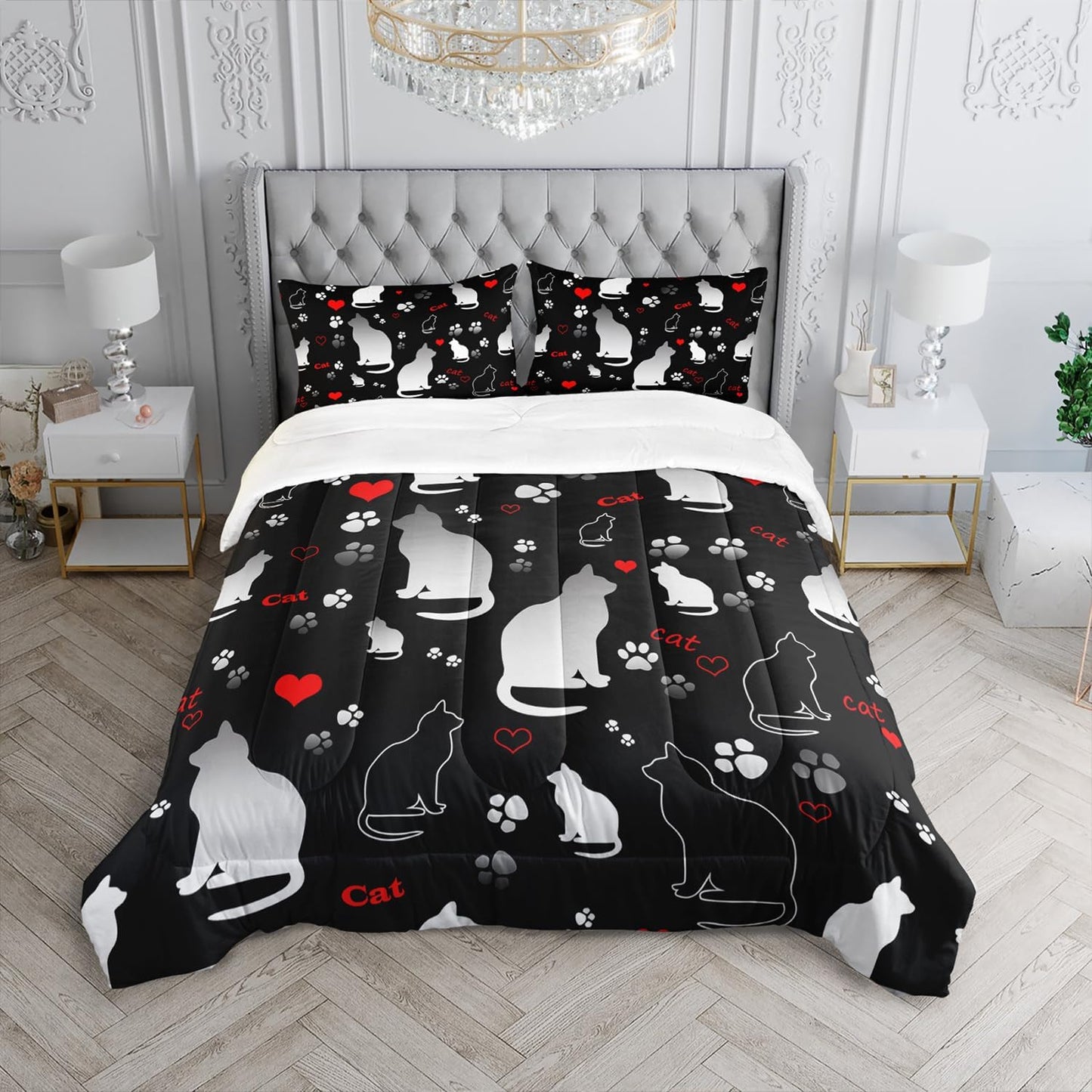 Kawaii Cat Animal Themed Comforter Set 3Pcs Queen Black White Pet Cat Bedding Set for Kid Teen Girl Boy Adult Room Decor Cartoon Cat Paw Heart Pattern Quilt with 1 Comforter and 2 Pillowcases