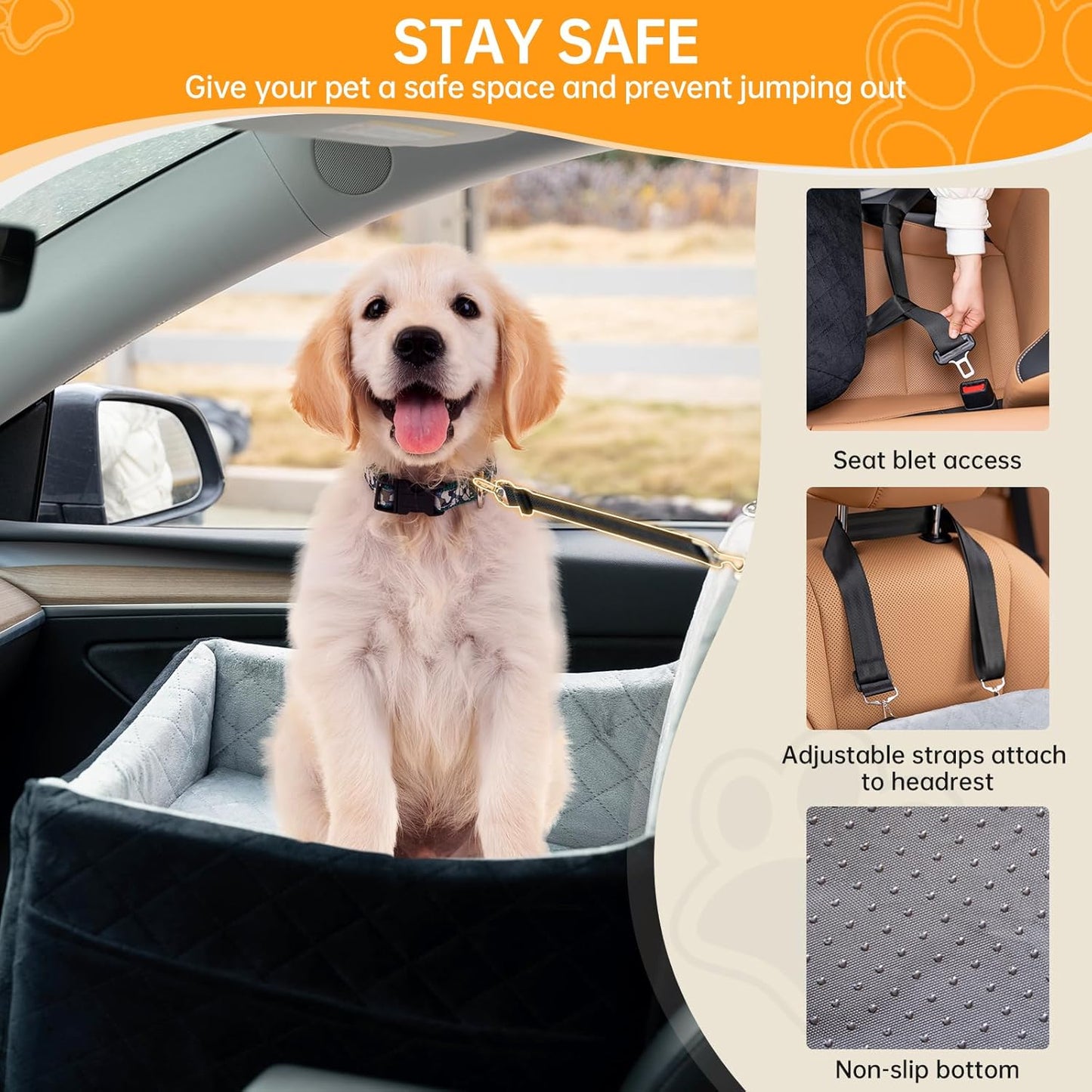 Dog Car Seats for Small/Medium Dogs, FurFrolic Memory Foam Dog Booster Seat for Small Dogs up to 35 lbs, Travel Pet Car Seat with Washable Detachable Cover, Storage Pockets, 2 Safety Belts, Black Gray