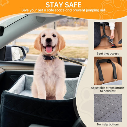 Dog Car Seats for Small/Medium Dogs, FurFrolic Memory Foam Dog Booster Seat for Small Dogs up to 35 lbs, Travel Pet Car Seat with Washable Detachable Cover, Storage Pockets, 2 Safety Belts, Black Gray