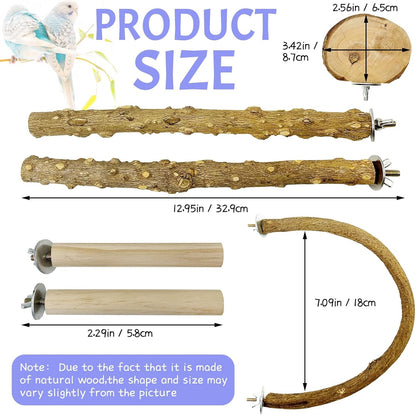 PINVNBY 6 PCS Natural Bird Perches Wooden Parrot Perch Sets Bird Perches for Cage Parakeet Platform Hammock Paw Grinding Fork Chewing Stick for Budgies Conures Finches Cockatiels Lovebirds