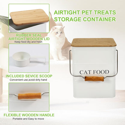 Cat Food storage container Cat Treats Jar,5~6 lb Metal food treats tin for Cat, pet snacks Canisters with wooden lid/handle/sevice scoop-White