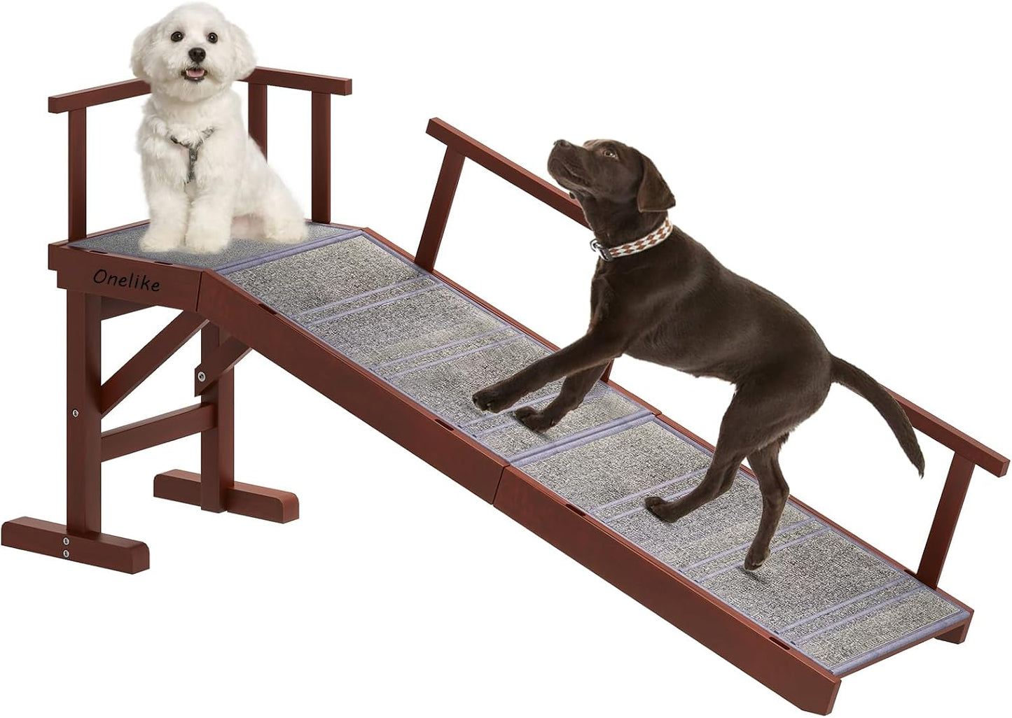 Onelike Wooden Dog Ramp for Bed with Removable Side Rail and Non-Slip Carpet, Stable Pet Ramp Stair for Couch Sofa for Small & Large & Senior Dogs, 60" Long Ramp Brown