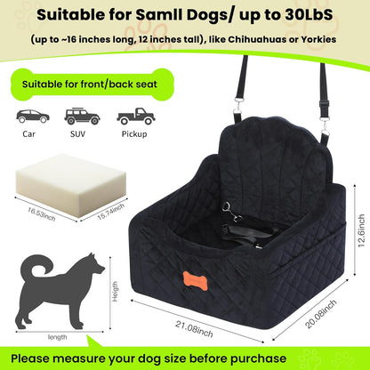 Dog Car Seat for Small Dogs Under 30lbs, Detachable Washable Pet Booster Seat with Safety Belt & Storage Pockets, Travel Car Bed, Black