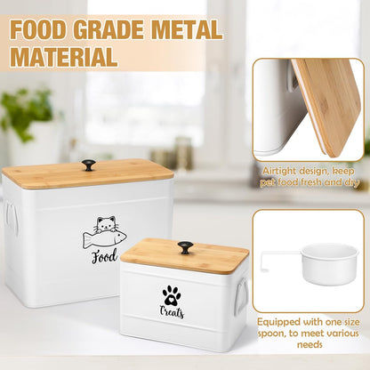 Extra Large Metal Cat Food Containers Airtight 12+3.5 lbs Cat Treat Snack Jars Set of 2 with Bamboo Lids and Spoons Farmhouse Big Pet Cookie Storage Jars for Kitchen Counter Gifts(White)