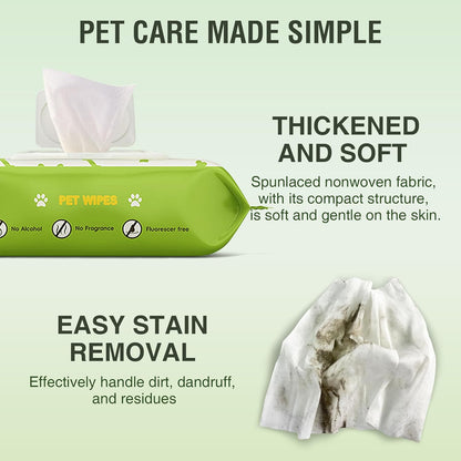 Pet Wipes -Cleaning and Grooming for All Pets, Alcohol-Free Portable Pack, Gentle for Face, Body, Paws and Butt-Thick Nonwoven Fabric-80 Count