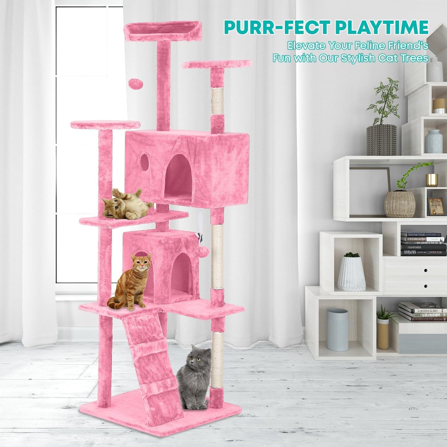 FDW Cat Tree 70in Cat Tower Multi-Level Durable Cat Scratching Post & Cozy Fun Cat Jumping Platform Space Saving Cat Condo Pet Play House for Indoor Cats,Pink