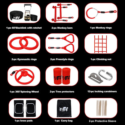 Ninja Warrior Obstacle Course for Kids Backyard with A Pair of Knee Pads, 60’ Ninja Slackline and Slackline Protective Tube with Unique Obstacles Climbing Net, Ninja Wheel, Monkey Bars, Gym Rings