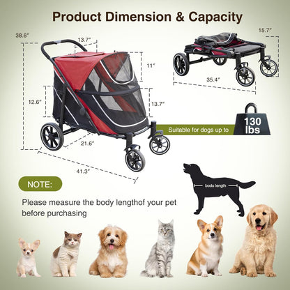 Dog Stroller for Medium/Large Dogs One-Click Folding, Extra Large Pet Stroller for 2 Dogs with Storage Pocket & Shock Absorption, Up to 130 lbs, Red