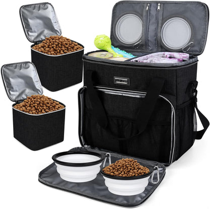BAGLHER Dog Travel Bag, Pet Travel Bag (All Pet Travel Supplies), with 2 Pet Food Containers and 2 Collapsible Silicone Bowls; Essential Kits for Pet Travel Black
