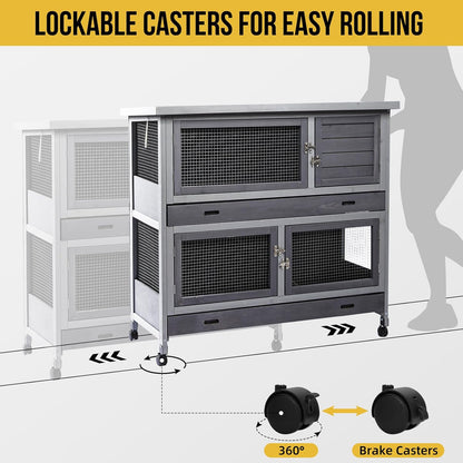Rabbit Hutch Bunny Cage Indoor Outdoor with Wheel Deeper Tray Chew Proof Guinea Pig Cages 2 Decks Large Rabbit House with 4 Wooden Doors Weatherproof 41.3" L*17.3" W*41.3" H