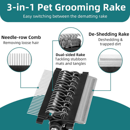 3-IN-1 Pet Grooming Tool - Undercoat Rake, Dematting Comb & Deshedding Brush for Cats & Dogs - Removes Mats, Tangles & Loose Fur, Reduces Shedding & Prevents Hair Mess (Blue)