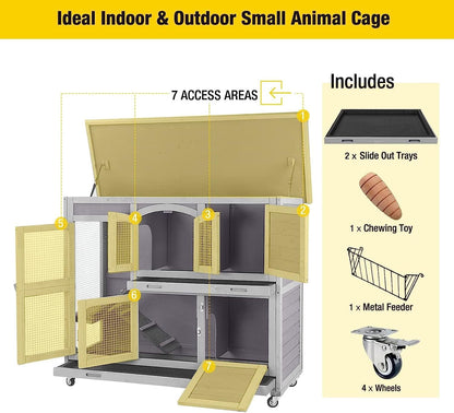 Aivituvin 47" Two Story Rabbit Hutch Bunny Cage with Wheels, Indoor Outdoor Guinea Pig Cage with 2 Deep No Leak Tray