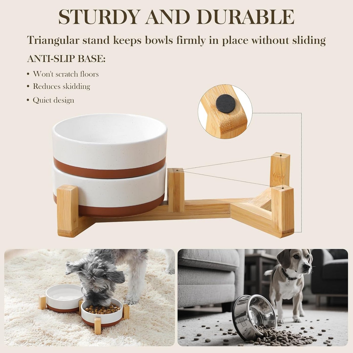 MALACASA Ceramic Dog Bowls, Dog Water/Food Dish with Wood Stand Non-Slip,14oz, Pet Basic Bowls for Your Puppy, Small Dogs or Cats,Glaze Matte Weighted Non-Slip (S-1.5 Cups)