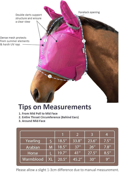 Harrison Howard UV-proof Multi-Function Fabrics Thick Fleece Padding Horse Fly Mask Half Face with Ears Magenta Horse Large