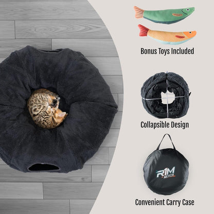 R1M Cat Tunnel Bed for Indoor Cats, Cute Cat Donut Tunnel Toys for Small, Larger Cats with Two Fish Cat Toys, Round Pet Peekaboo Cave Toy for Kitten, Dark Grey