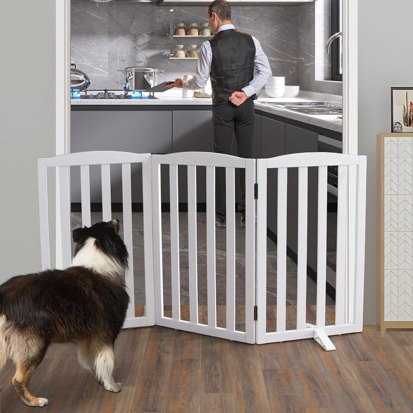 ZJSF Foldable Freestanding Indoor Dog Gate for House Wood White Long Pet Gates Dog Fence for Stairs Puppy Gates for Hallways,Pet Fence, Puppy Gate,Support Feet Included 32 "Height-3 Panels