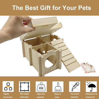 Wooden Hamster Hideout Hamster Wood House with Ladder Hides Platform Decor Detachable Small Animals Cage Accessories for Rat Gerbils and Other Small Pets