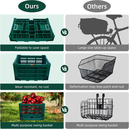 Foldable Large Green Plastic Bicycle Rear Basket with Cargo Net and Waterproof Cover Net for Shopping Outings, Pets, School, Picnics or Outdoor Activities, Easy to Install on Rack Mount
