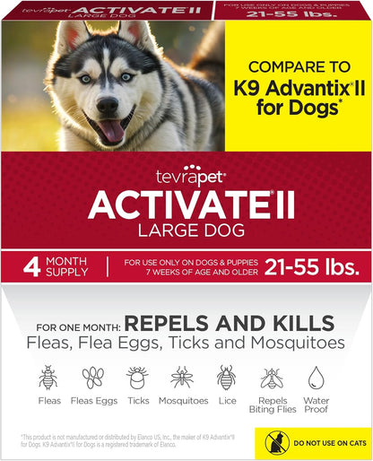 TevraPet Activate II Flea and Tick Prevention for Dogs | 4 Count | Large Dogs 21-55 lbs | Topical Drops | 4 Months Flea Treatment